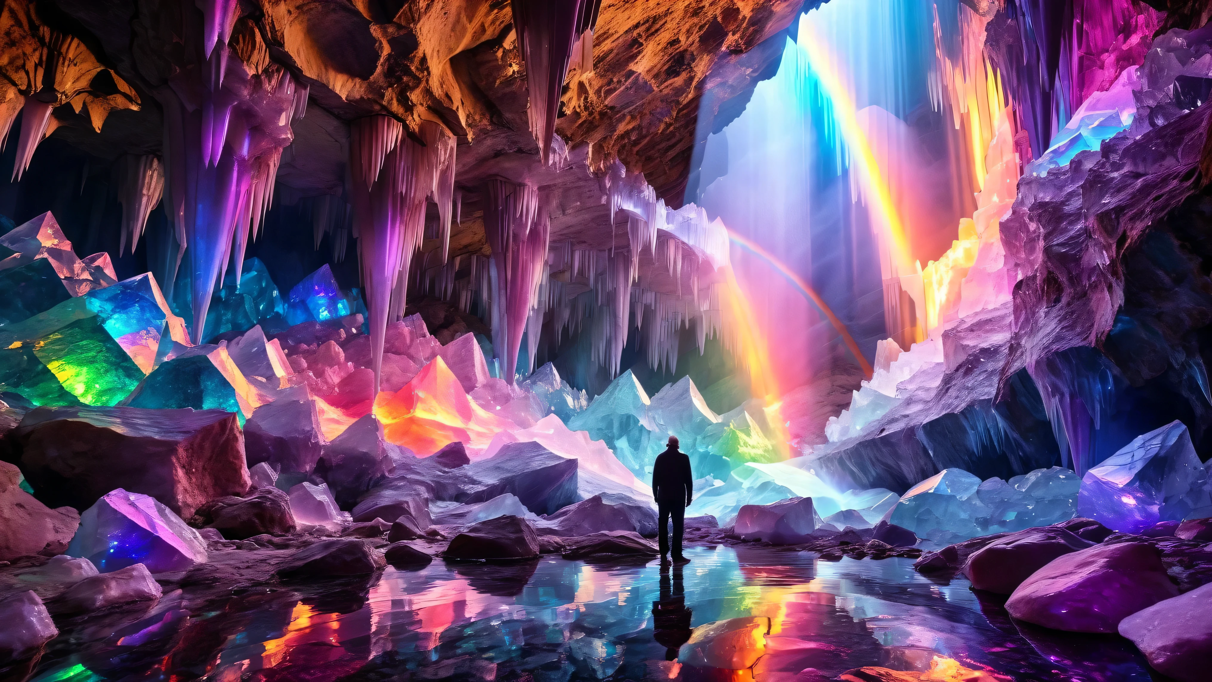 crystal cavern with rainbow reflections, best quality, HD, ~*~aesthetic~*~ with a strong muscular old man facing toward the cavern