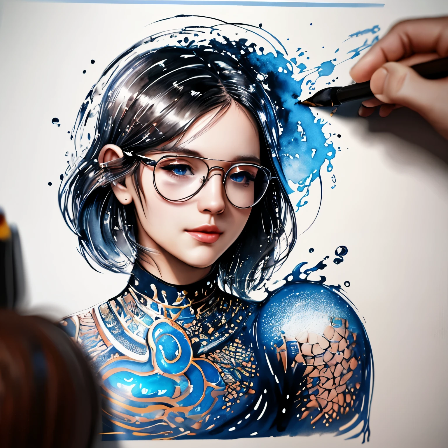 [[a realistic pen visible in the frame]] drawing 1 girl，ready-to-print vector t-shirt art graffiti illustration of a rounded metallic Robot AI logo ： blue messy steel head, oil painted, perfect face, perfect face, intricate image, shades of blue，light red color added, 1024K resolution，rayban lens, A ArtStation digital painting, it is smooth and very flowing black ink：photorealistic masterpiece：intricately detailed fluid gouache painting：Written by Brunna Mancuso：calligraphy：propylene：watercolor art，Professional photographed，natural lighting，Minimalistic volumetric lighting photo illustration ：Written by Marton Bobzert： intricate，Ellegance，Sprawling，magical dream，Hair on fire，full of life, 3d illustration, Adobe illustration, artwork centered, scratch paint design, planet splash, ultra white background, add fluorescent vivid many artistic oil colors