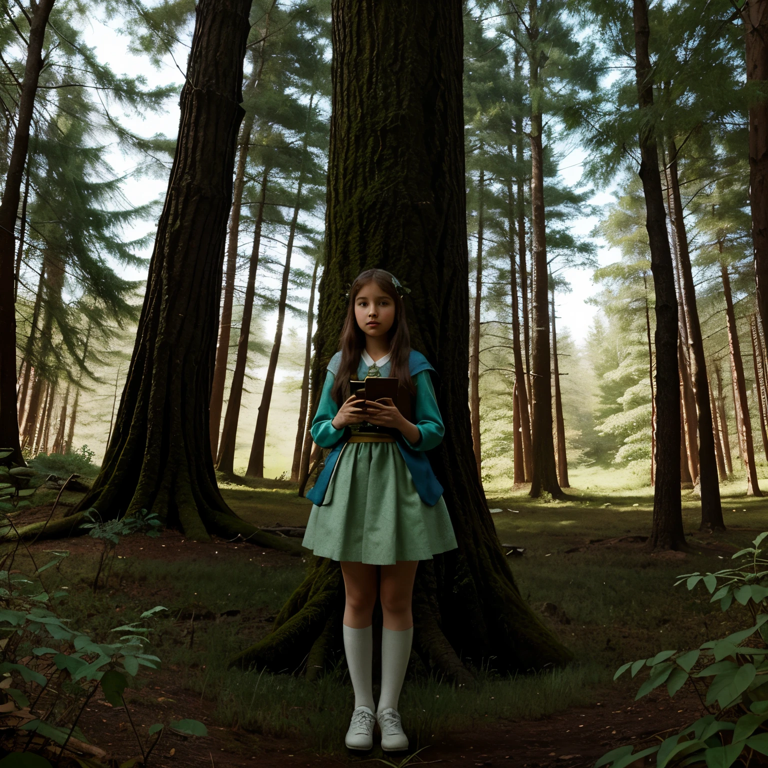 "Illustration for a fairy tale about a girl, standing in the forest, who can talk to animals