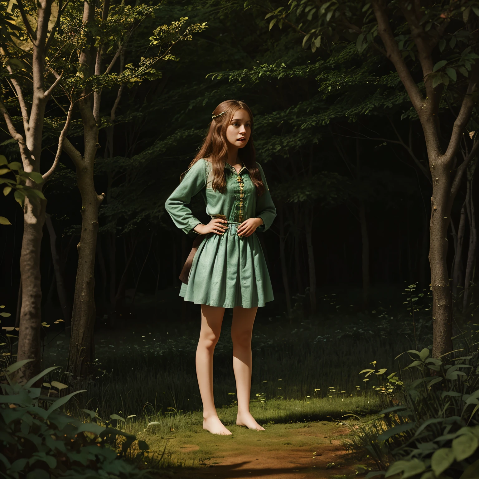 "Illustration for a fairy tale about a girl, standing in the forest, who can talk to animals