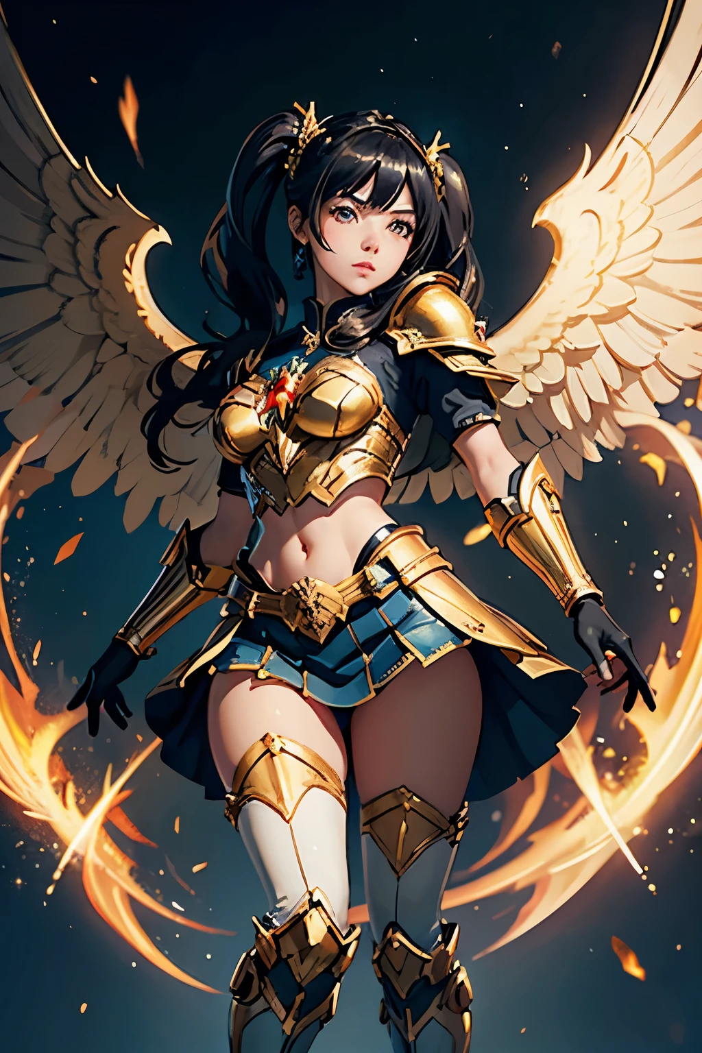 Photo of an anime Royal princess 30y girl with a robotic armor, in gold and white armor valorant art style, heavy armor gloves and boots, majestic simple tiara, pelvic curtain, short black hair in twintails, looking at viewer, head tilt, midriff, symmetrical facial features, sharp focus, 8 k high definition, insanely detailed, stylized Wonderwoman belt bucle, elegant, breathtaking , bright golden eyes extremely detailed, armor of iridescent metals, fantasy, intricate, stylized gold and white fiery wings (large guardian angel white feathers perfect pair of wings:0.9), (swirling energy:0.4), digital painting, artstation, concept art, illustration, art by ilya kuvshinov and wlop and z - - ed and tian zi, stanley lau and artgerm, , V-Ray, full hd -- s5000 --uplight --q 3 --stop 80--w 0.5 --ar 1:3