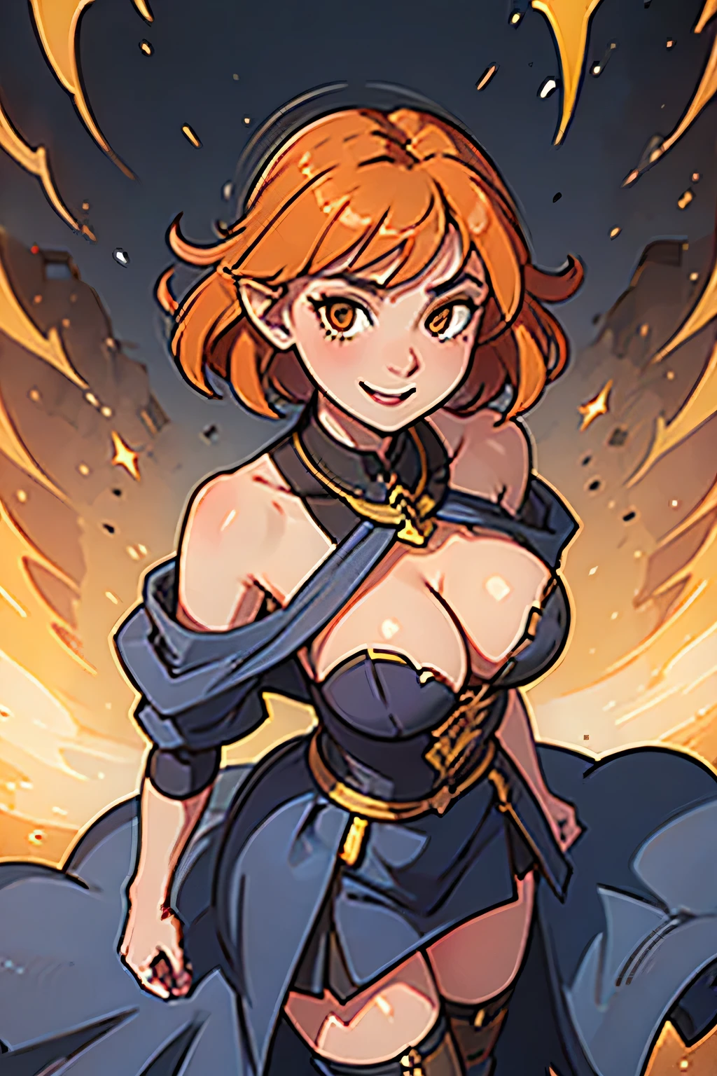 (((masterpiece))), (((best quality))), illustration, single character, game character, rpg character, female character, female dark acolyte. tall torso. skinny girl. Happy girl. indigo blue dress with golden details and lines, open dress. exposed legs. leather bracers. huge open cleavage, big gem necklace. tiny breasts. small titties. wide hips. up turned hips. wavy short hair. flowing short hair, slightly pointy ears, yellow eyes, sexy face expression. laughing smile. black cloak. orange hair. cosmic background, flat color background, anime character, 8k, awesome quality
