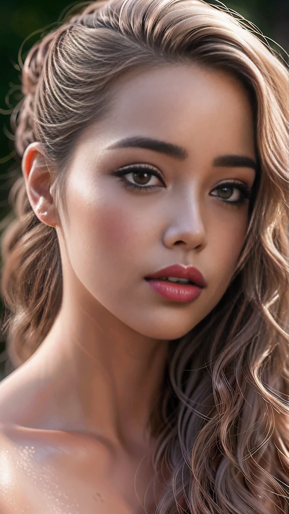 Divide Ratio : 1,1,1 Base Ratio: Ultra-realistic movie master pie with ultra-detailed primetime portraits, (最high quality, 8k, table top, Ultra HD),masterpiece,最high quality,high quality,High resolution,perfect dynamic composition:1.2,beauty (mixed girl)(jessica alba:0.55) in of a (1girl:1.3 22-year-old),(photo realistic),(Hyper realistic),(Fujicolor,daytime soft lighting),fashion supermodel,(best high quality real texture skin),(Highly quality texture hair),((curly hair((slicked to the two side))Intricately detailed:1.3)),(outdoors,in the park),(perfect proportions),(anatomically correct),(perfect female body),((firm normal full breasts),slim face,beautiful cheekbones,((slim,swell-muscled body)),(Super beautiful face),(realistic face),(highly detailed face),absurd,(Intricately detailed eyes),(tired and sleepy and satisfied:0.0),a woman's eye with a digital rendering,realistic eyes,perfect round eyes,finely detailed pupils,BREAK((brown_eyes)),detailed lips,(red_lipstick),(dark_makeup),(Detailed nose),Wear an off-the-shoulder top, full bodyesbian,dark shot,(Intricately Detailed lace-up latex BDSM Outfit:1.35)),dynamic pose,((shot above the knee)),look at the viewer