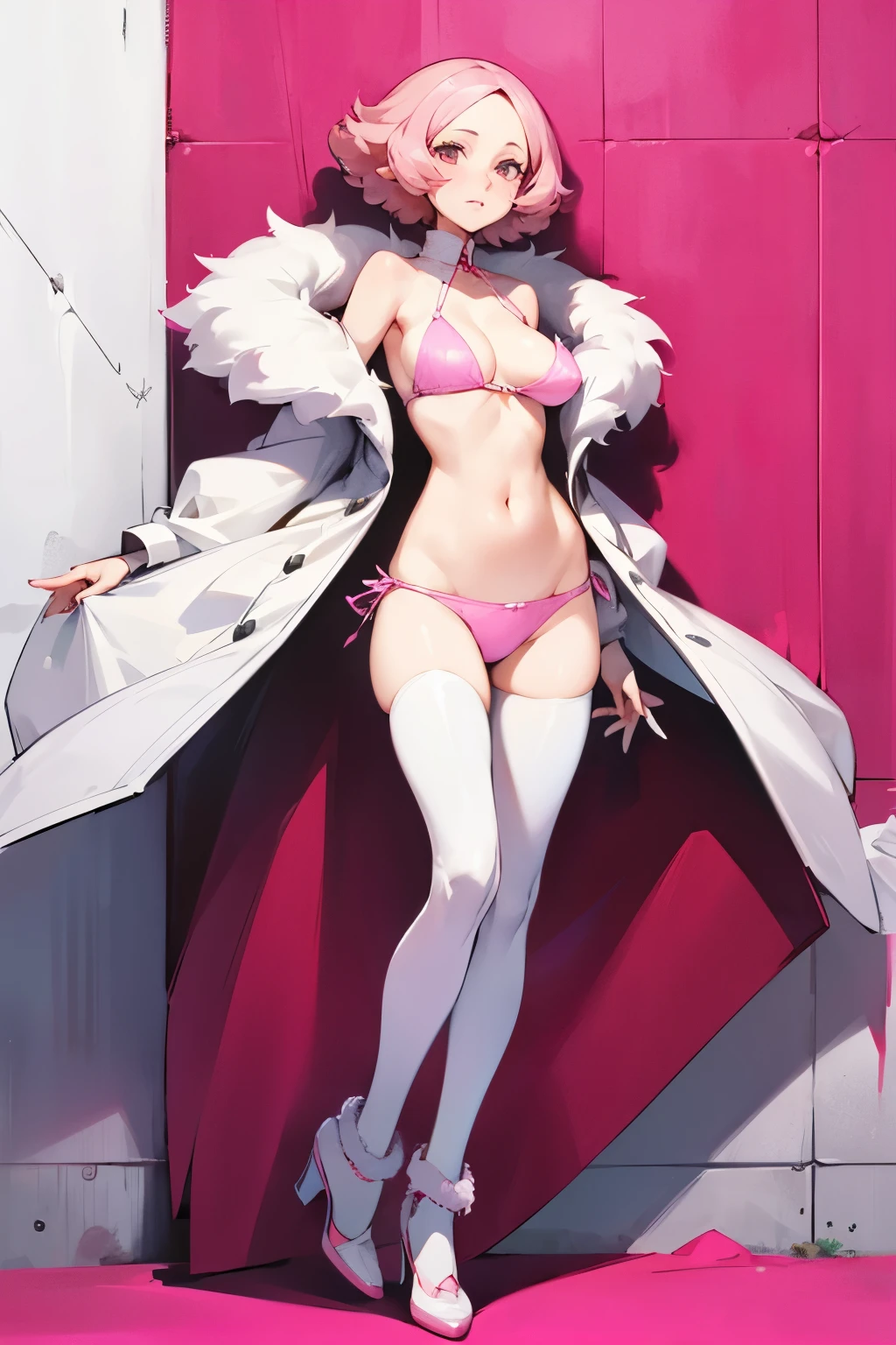 Woman in white fur jacket and pink bikini against wall, Full body image , Seitenlicht, Breast size:, Mittel, Haru Okumura