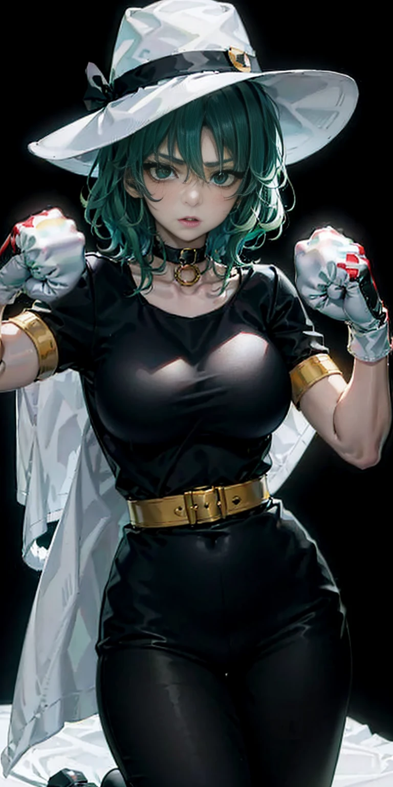 ((black background)) Tatsumaki kneel on WHITE sheet, short bob hair green hair, GREEN EYES, _uniform,yellow hat,red school bag, leather choker collar slave , (hands on hips, clenching fist 👊 ✊️)