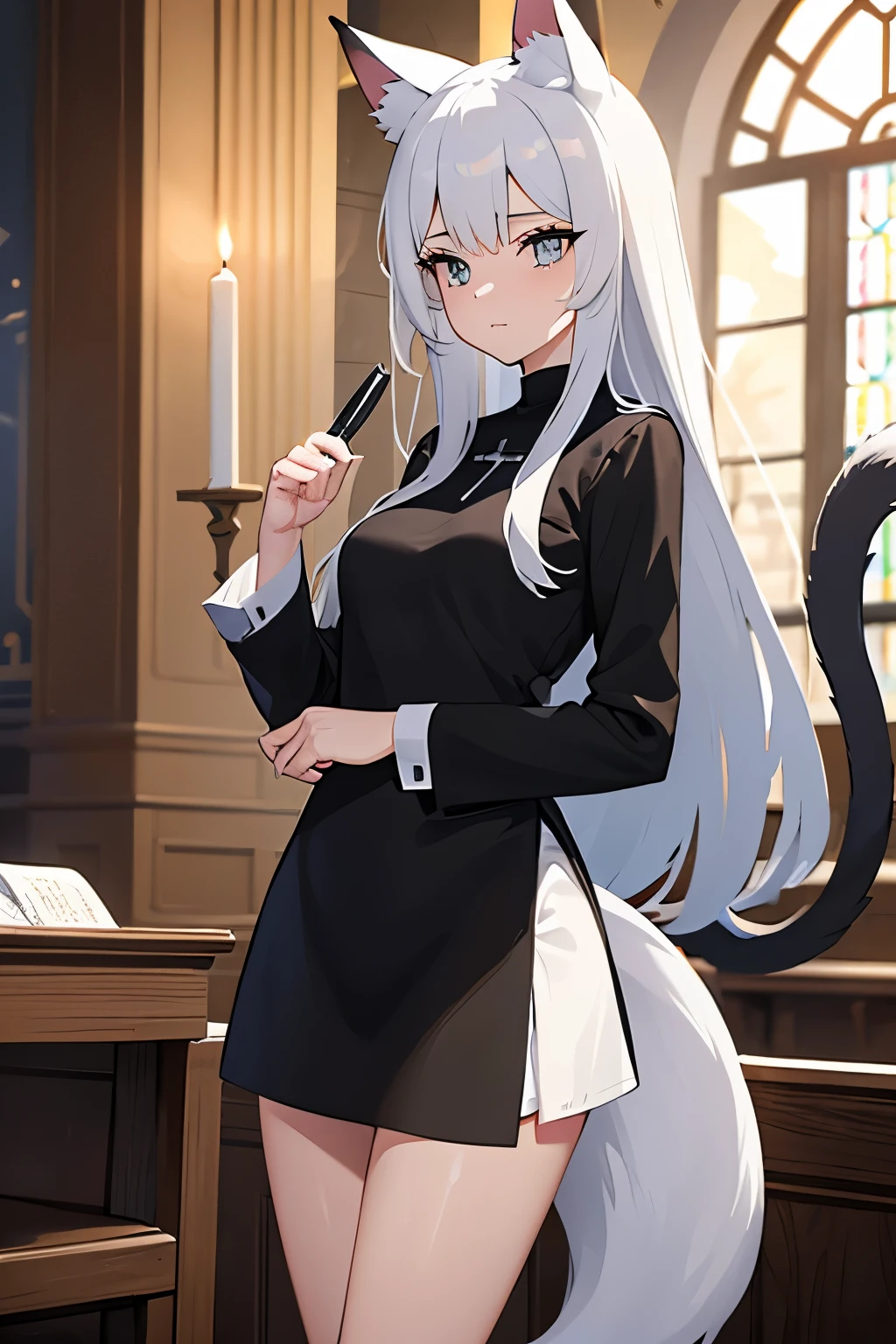 young woman ,height 155 centimeters ,breast size 1 ,ash white hair , fluffy ears with black tips ,white tail with black tip ,fox ,Someone ,cat , skirt ,stockings ,topic ,cat ears ,small ears ,Black Ear Tips,black tip of the tail , black ears ,черный foxий хвост ,two knives in hands , Two daggers in hand , two swords in hands ,skinny legs, monastic , a nun , church .Prayer,Prays