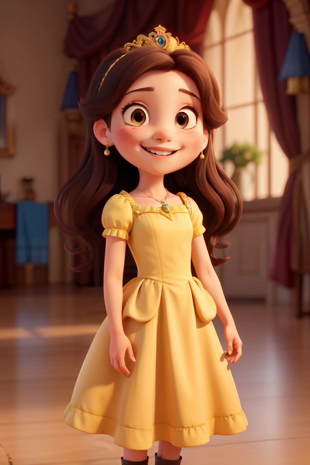 smiling and tender five-year-old princess with long, wavy dark brown hair wearing a yellow dress similar to Beauty and the Beast 