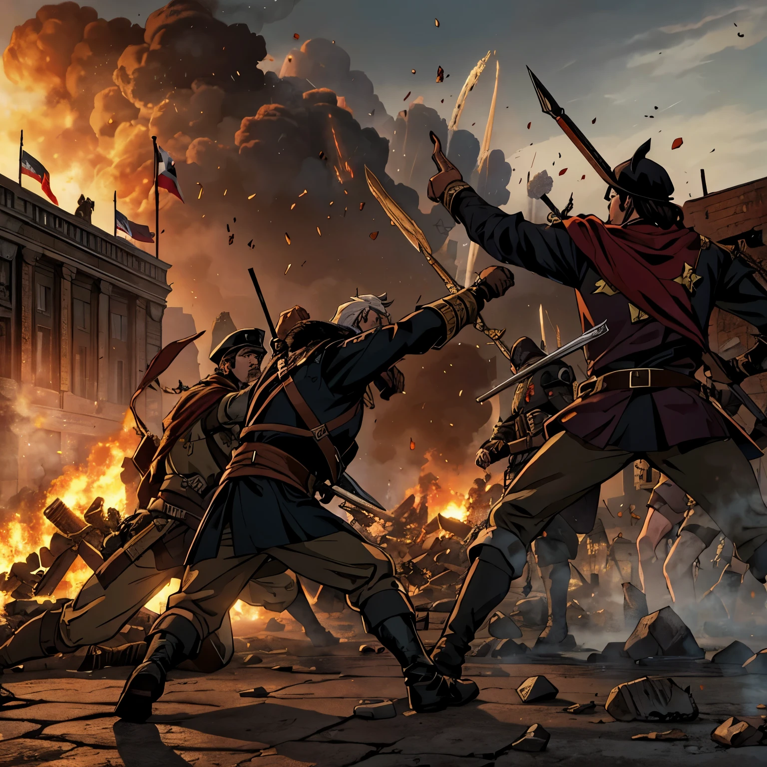 hand-to-hand combat, smoke and dust, uniforms, muskets, bayonets, artillery, desperate struggle, chaos, bravery, bloodshed, flags, war cries, epic scale, intense action, historical accuracy, cinematic, dramatic lighting, dynamic composition, rich colors, grandeur, heroism, patriotism, emotional impact, battle-hardened soldiers, war-torn streets, bustling with activity, crumbling buildings, cobblestone roads, horses, cannon fire, explosions, skirmishes, strategic maneuvers, adrenaline-fueled, determination, survival instincts, united front, unity in diversity, Portuguese pride, French invasion, military strategy. (best quality, 4k, realistic, historically accurate, vivid colors, dramatic lighting)