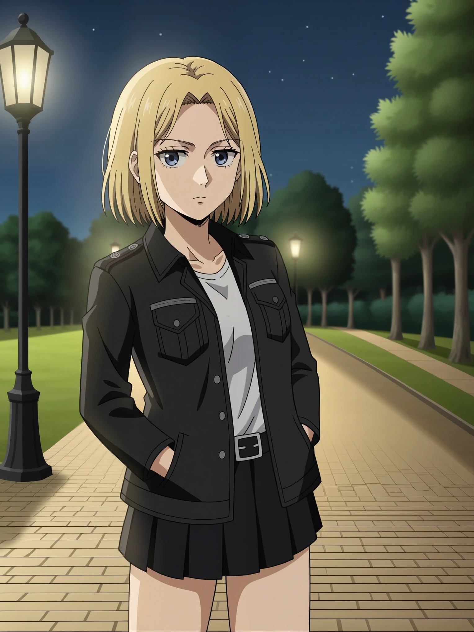 source_anime,score_9,score_8_up,screencap, anime screencap, BREAK, 1girl,solo,outdoors,public park,park,aot, annie leonhart, attack on titan,public,wearing goth skirt, goth, goth girl,no pants,no panties,looking at viewer,atraight hair, free flowing hair, undone hair,medium length hair,(arms in pocket), night time, dim light, blonde hair, blue eyes, night
