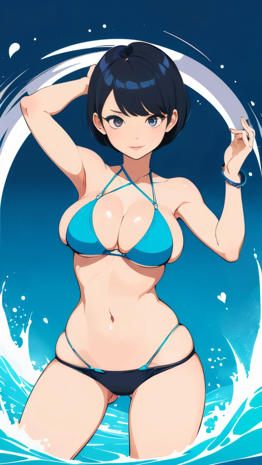 (Vector Art:1.5), (Beautiful girl gravure idol with big breasts wearing light blue bikini swimsuit with black hair color:1.3), (short hairstyle:1.3), (constricted waist:1.3), (full bodyesbian:1.3)