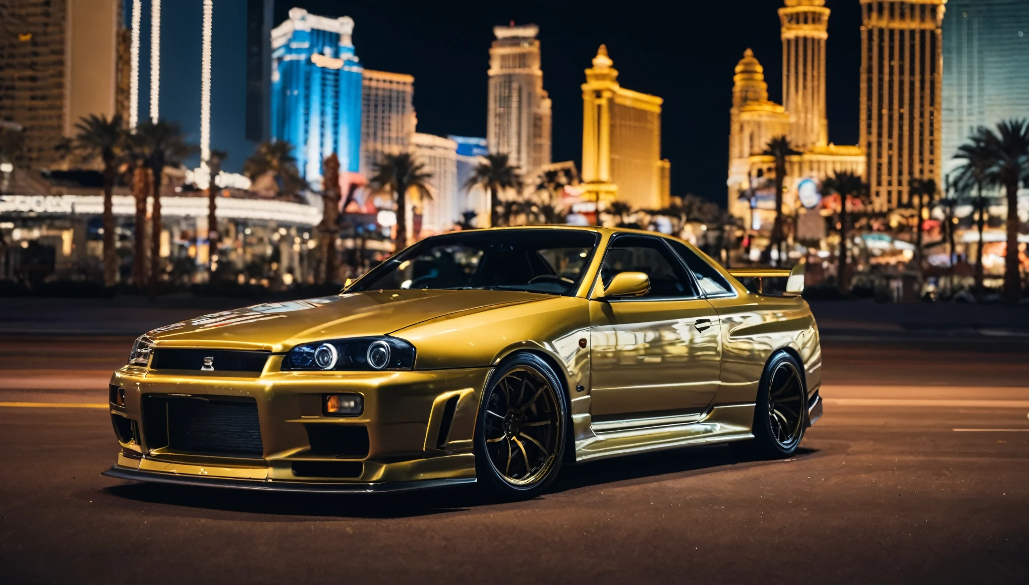 Photo of a nissan skyline car parked in las vegas strip at night