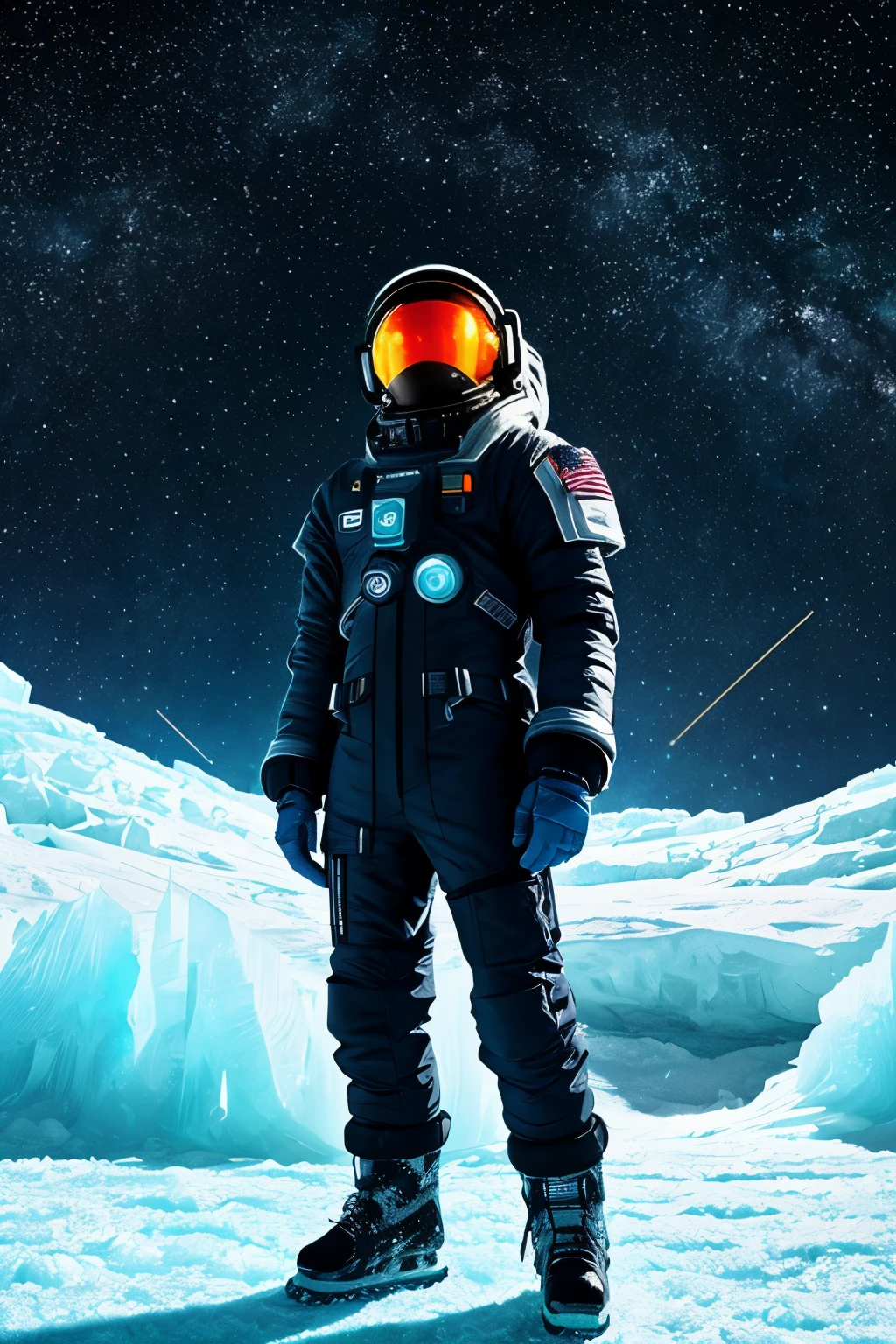 cyberpunk astronaut, lone figure on a frozen glacial ice planet 🌨️ ❄️🏔, surrounded by many glowing, shining, shimmering stars ⭐🌟✨, a scene of snowy, frosty, starry, glitter pointillism magic,
close-up portrait captures the intricacies of his high-tech cybernetic enhancements,
neon watercolor details bring the ice planet's harsh environment to life,
paint splatters and drips add a raw, organic element to the unyielding neon backdrop,
high definition, high details UHD 32k rendering