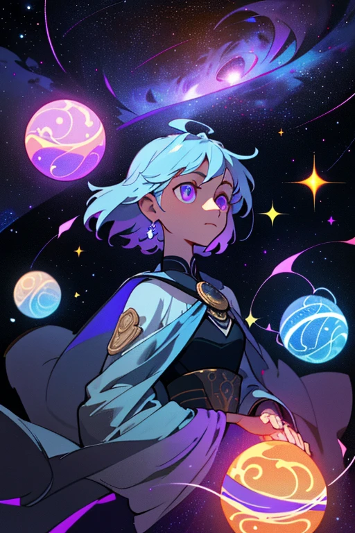 In the vast expanse of cosmic darkness, a serene figure of a servant icon emerges, radiating a gentle aura against the soft purple backdrop. The icon's ethereal form is intricately detailed, its lines and contours shimmering with an otherworldly luminescence. Its eyes, two twinkling orbs of celestial light, gaze intently, as if holding the secrets of the universe. The icon's garments flow gracefully, mimicking the cosmic winds that surround it. Intricate patterns, reminiscent of constellations, grace its attire, subtly highlighting its cosmic ties. A sense of calm and tranquility