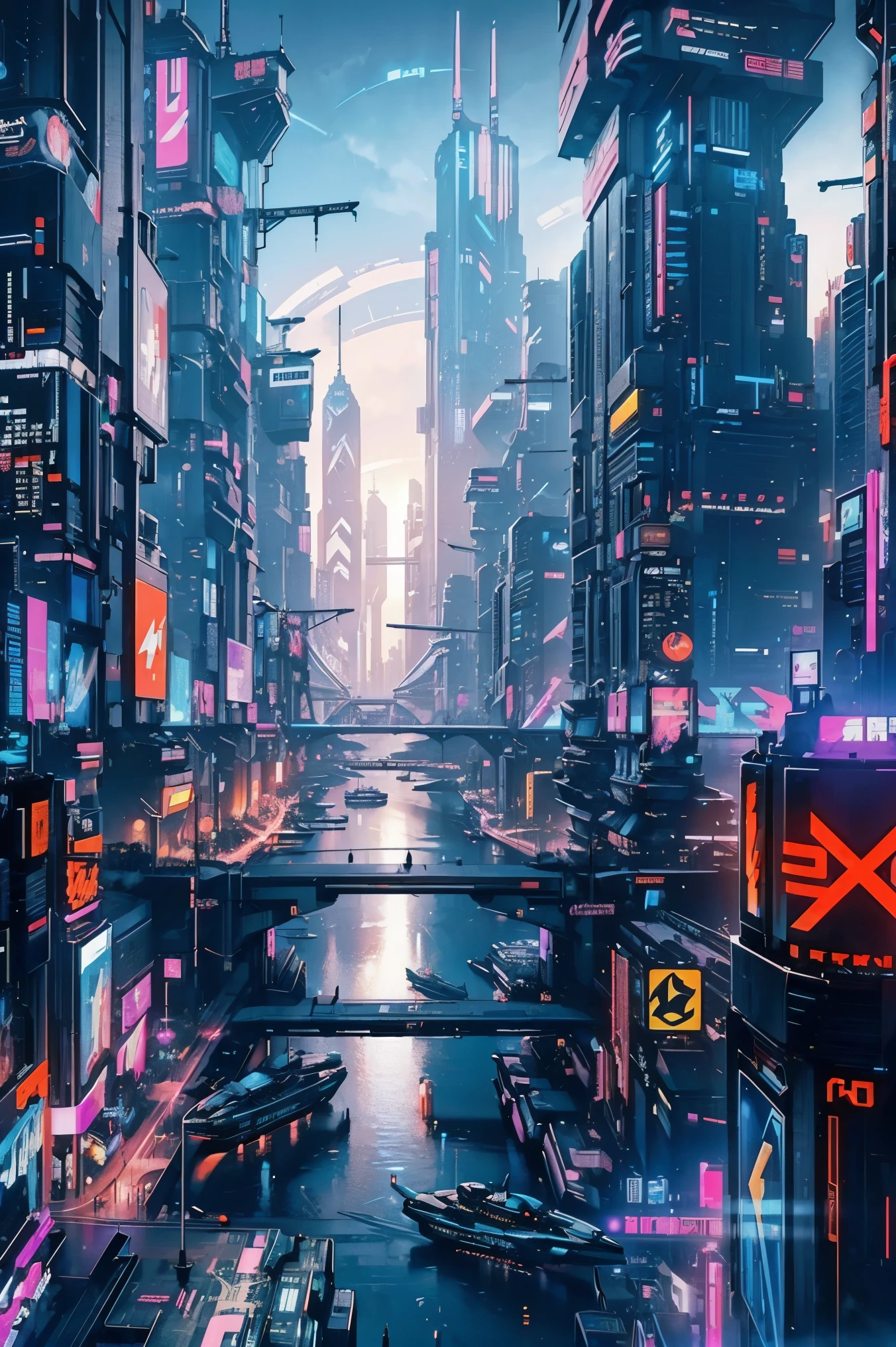 ((Cyberpunk future)), image of the center of a cyberpunk city, surrounded by buildings with a river in the middle, ferry in the city, yellow ferry, point crossing the city, advertising signs everywhere, retro future