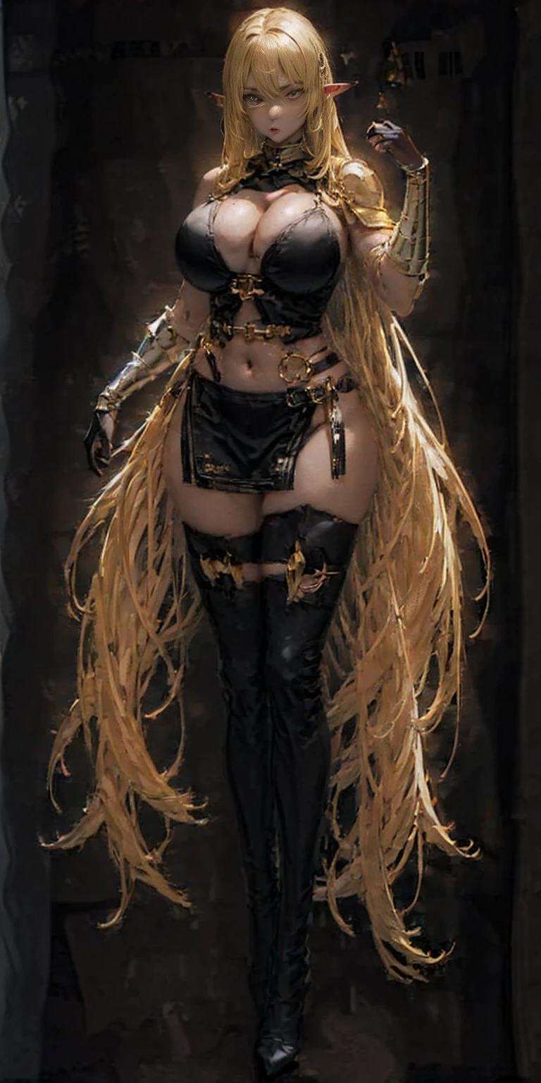 ((BLACK BACKGROUND1:2)) masterpiece, best quality, high quality, 1solo white SKIN elf, long hair, blonde hair, yellow eyes, full body, black bikini, looking at viewer, shiny, black thighhighs, high boots,shoulder armor, faulds, poleyn, gloves, gauntlets, FEET TOGETHER STANDING SYMMETRICAL, female elf big knockers bikini