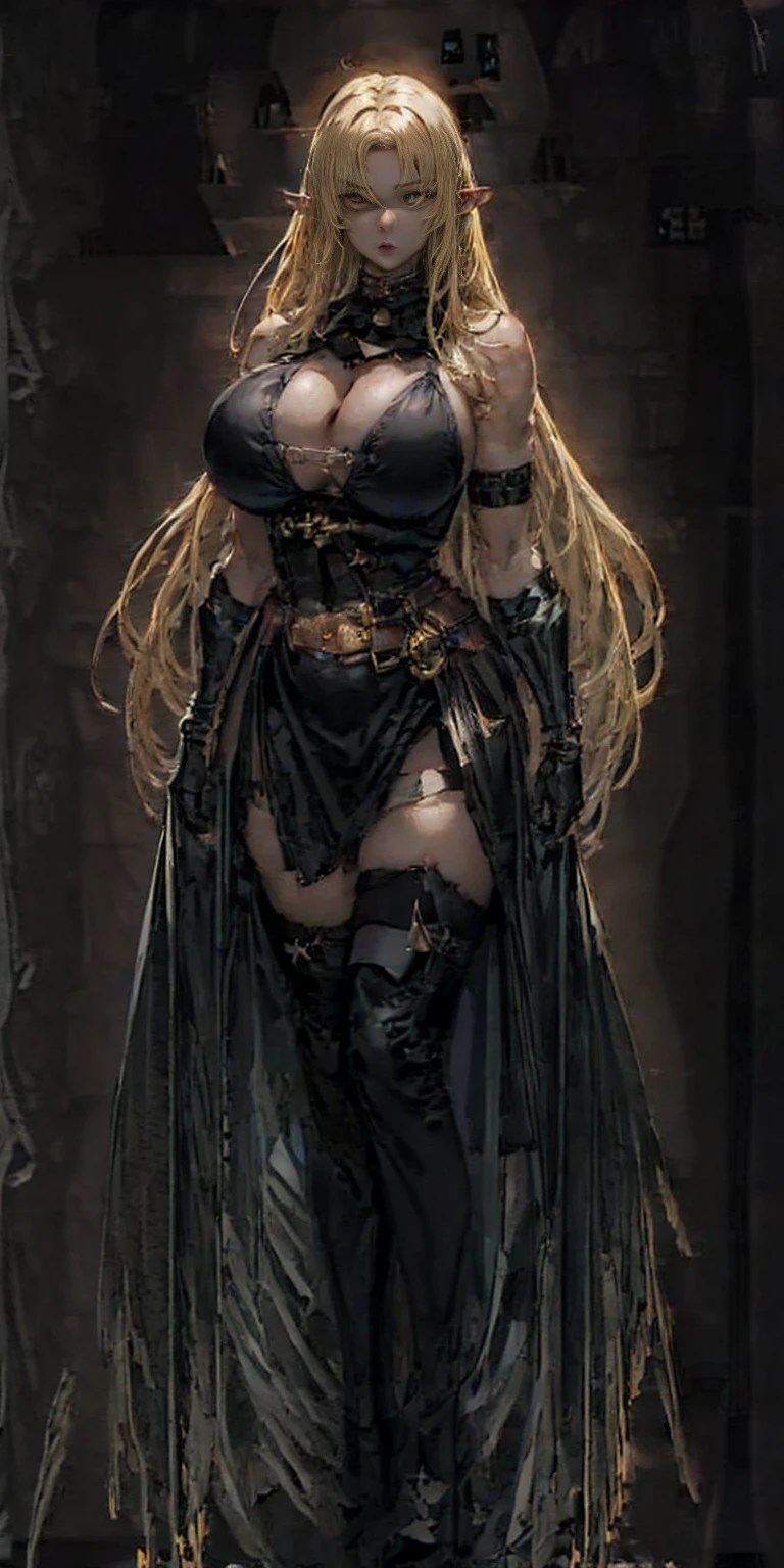 ((BLACK BACKGROUND1:2)) masterpiece, best quality, high quality, 1solo white SKIN elf, long hair, blonde hair, yellow eyes, full body, black bikini, looking at viewer, shiny, black thighhighs, high boots,shoulder armor, faulds, poleyn, gloves, gauntlets, FEET TOGETHER STANDING SYMMETRICAL, female elf big knockers bikini