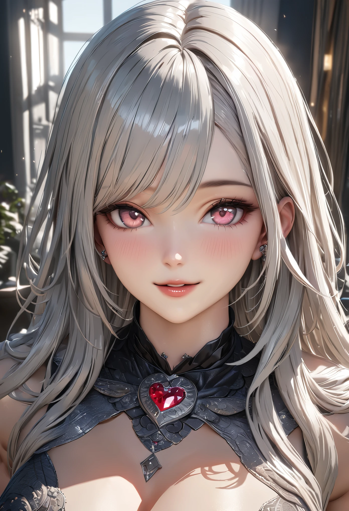 highest quality, expensiveest quality, Super detailed, expensive definition, expensive resolution, HDR, 4k, 8K, unity 8K wallpaper, expensively detailed CG, masterpiece, realistic, photorealistic, 2D, 3D, beautiful details, depth, fine texture , super fine: 1.3, Fully focused, crispy skin, .he, very cute anime girl with long silver hair in expensive , smile, one girl, alone, long silver hair, expensive , looking at the viewer, blush, parted lips, Heart, pink eyes