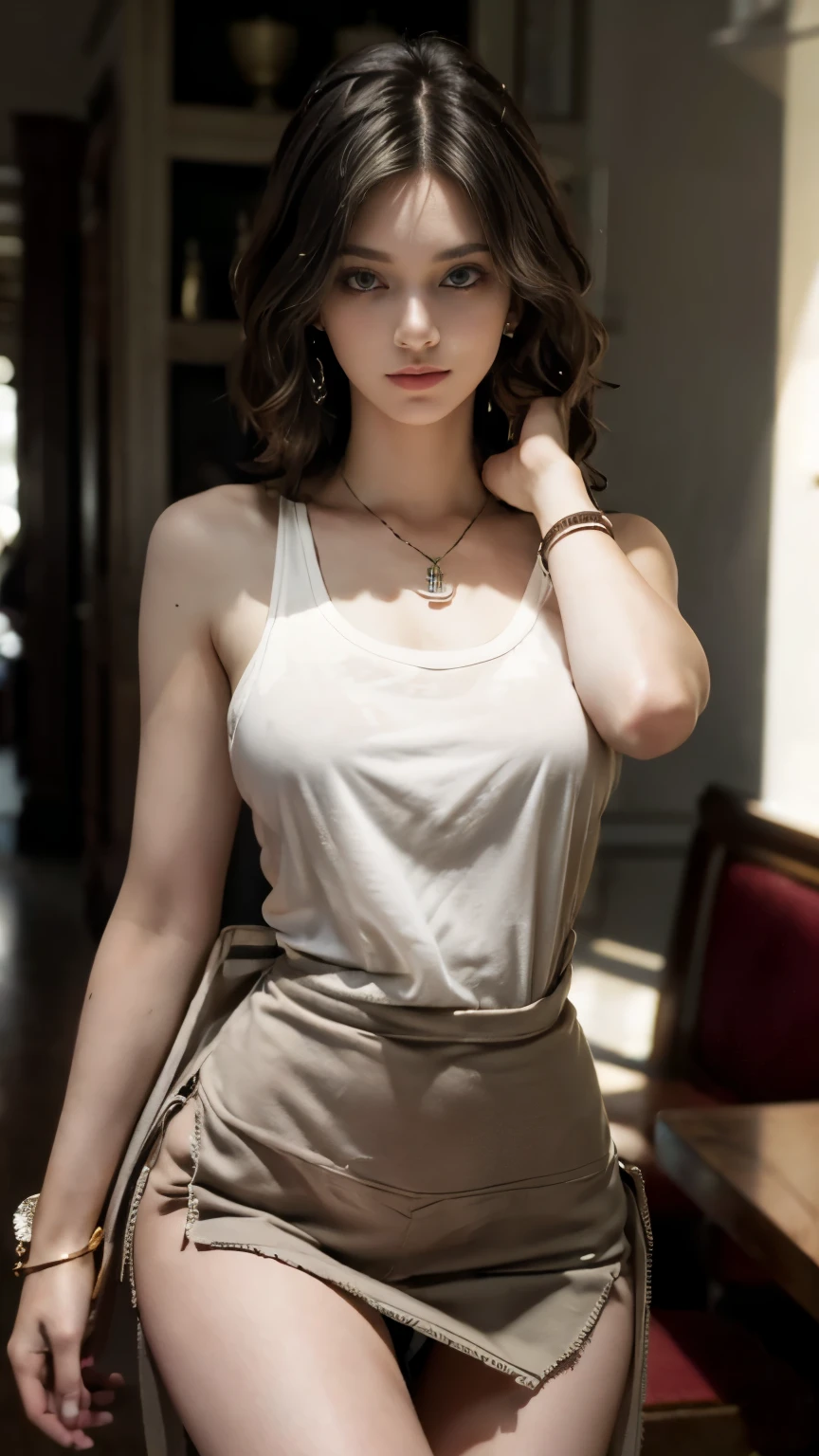 (Masterpiece, best quality, award winning, photorealistic, model photography :1.5), sharp focus shot, A beautiful European female youth, pretty girl, model, ig idol, delicate face, (slim body, slender:1.3), big breasts, beautiful eyes, no make-up, (bob hair:1.2). Wearing t-shirt and floral side slit skirt. Adorn with earrings, pendant and bracelets, in coffee cafe, smirking.