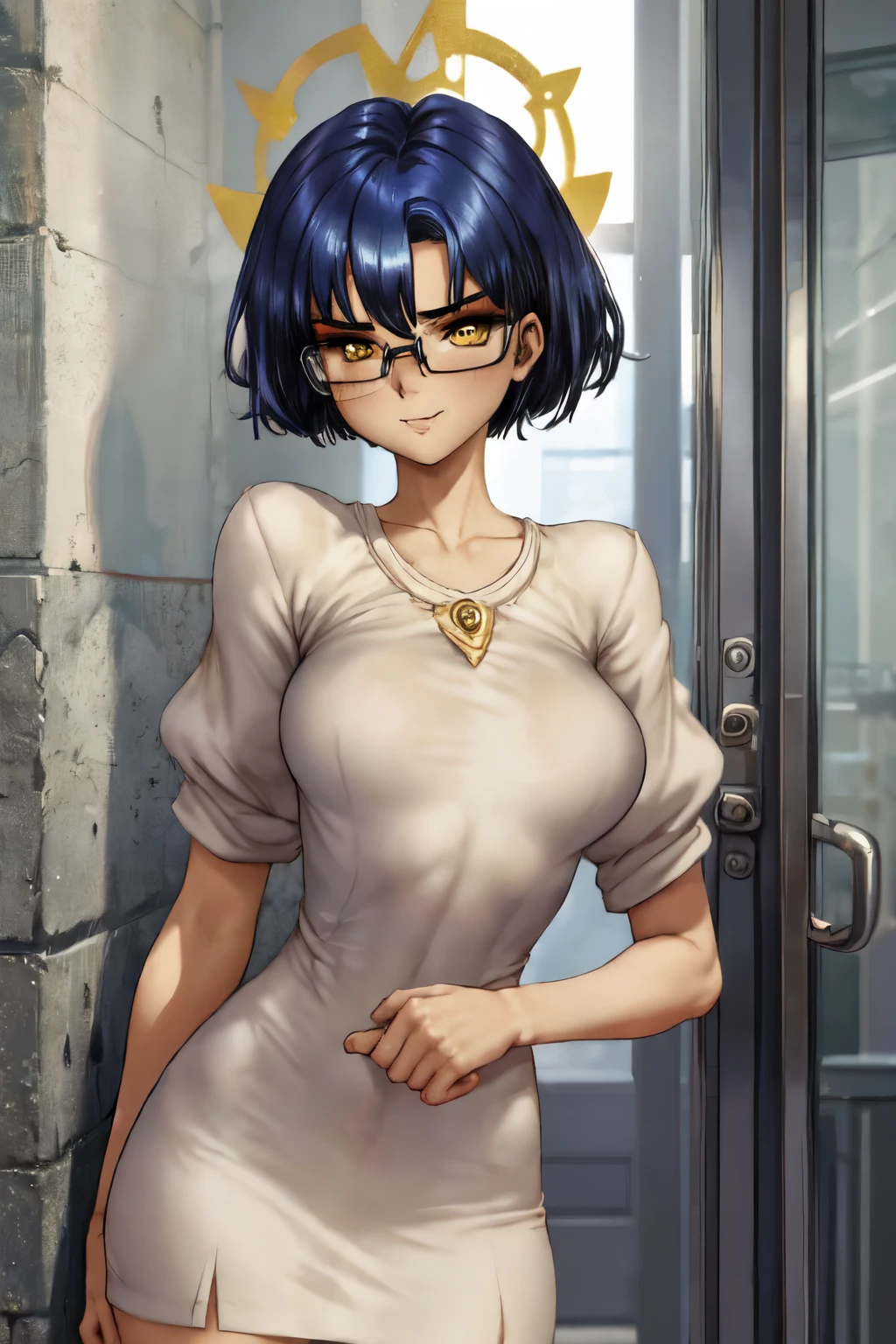very young slim fit girl, full height, rounded face, (disheveled dark blue hair:1.3), (very short hair:1.4),(big yellow eyes:1.5), shy smile, perfect medium breast, look at you, (ahoge:1.2), (megane:1.3), elegant tight evening dress, very short dress, tight dress, sexy dress, very long fit leg, 21thshirow, narrow hips, hold hands behind back