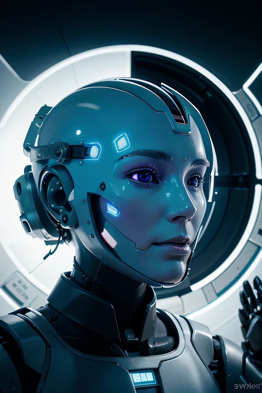 Create a non-realistic image featuring a robot with a gender-neutral robotic face, positioned front and center. The robot's face should be stylized with sleek lines and geometric shapes, devoid of any human-like features. The eyes should glow intensely, emitting a surreal light. The robot's head should be partially open, revealing a brightly glowing brain inside. From within the brain, emanate various vibrant lights and intricate technological circuits, creating a surreal and dreamlike atmosphere. The overall composition should be futuristic and surreal, blurring the lines between reality and imagination to evoke a sense of wonder and curiosity