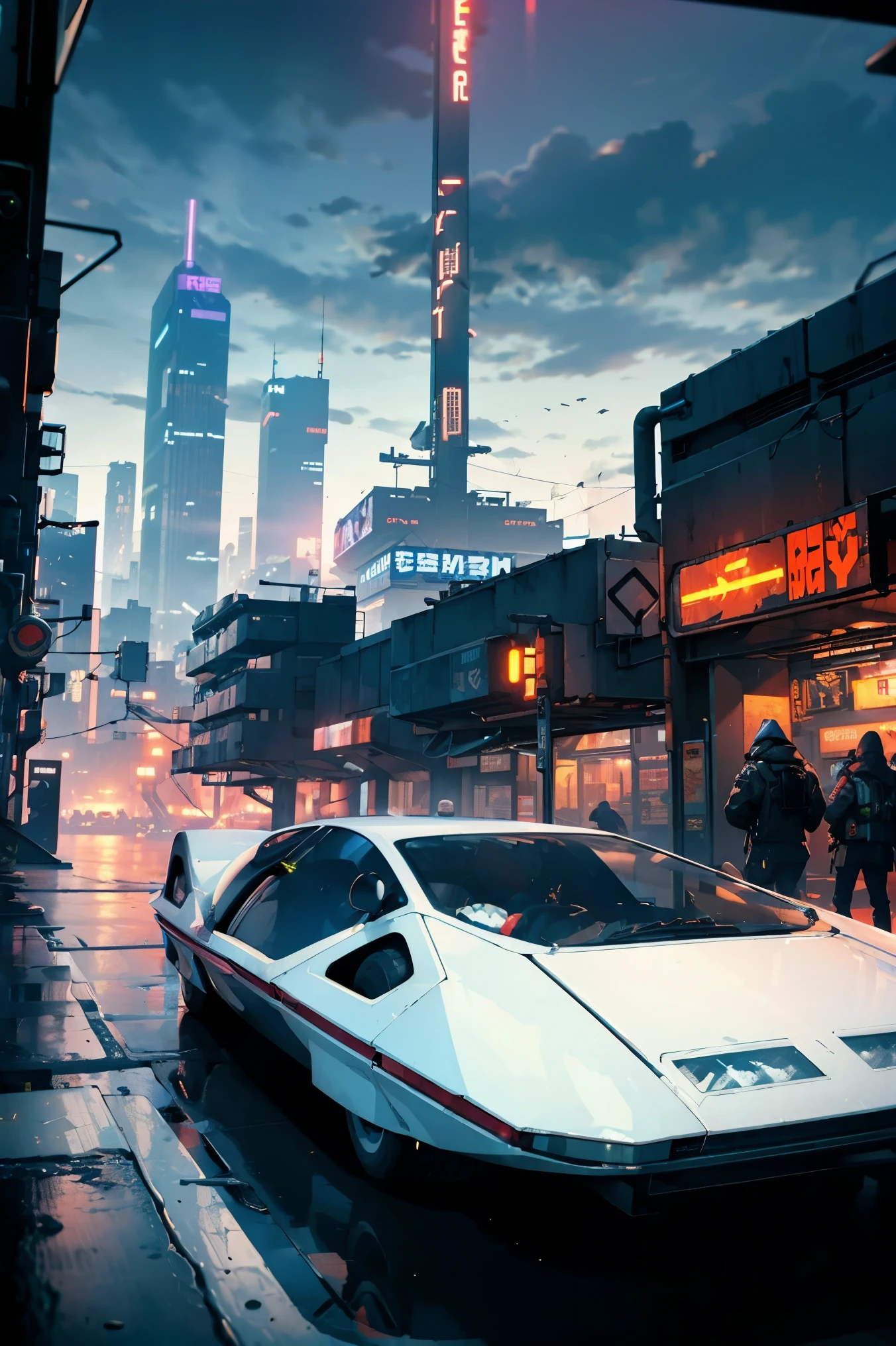 ((Cyberpunk future)), image of the center of a cyberpunk city, surrounded by buildings with a river in the middle, ferry in the city, yellow ferry, point crossing the city, advertising signs everywhere, retro future