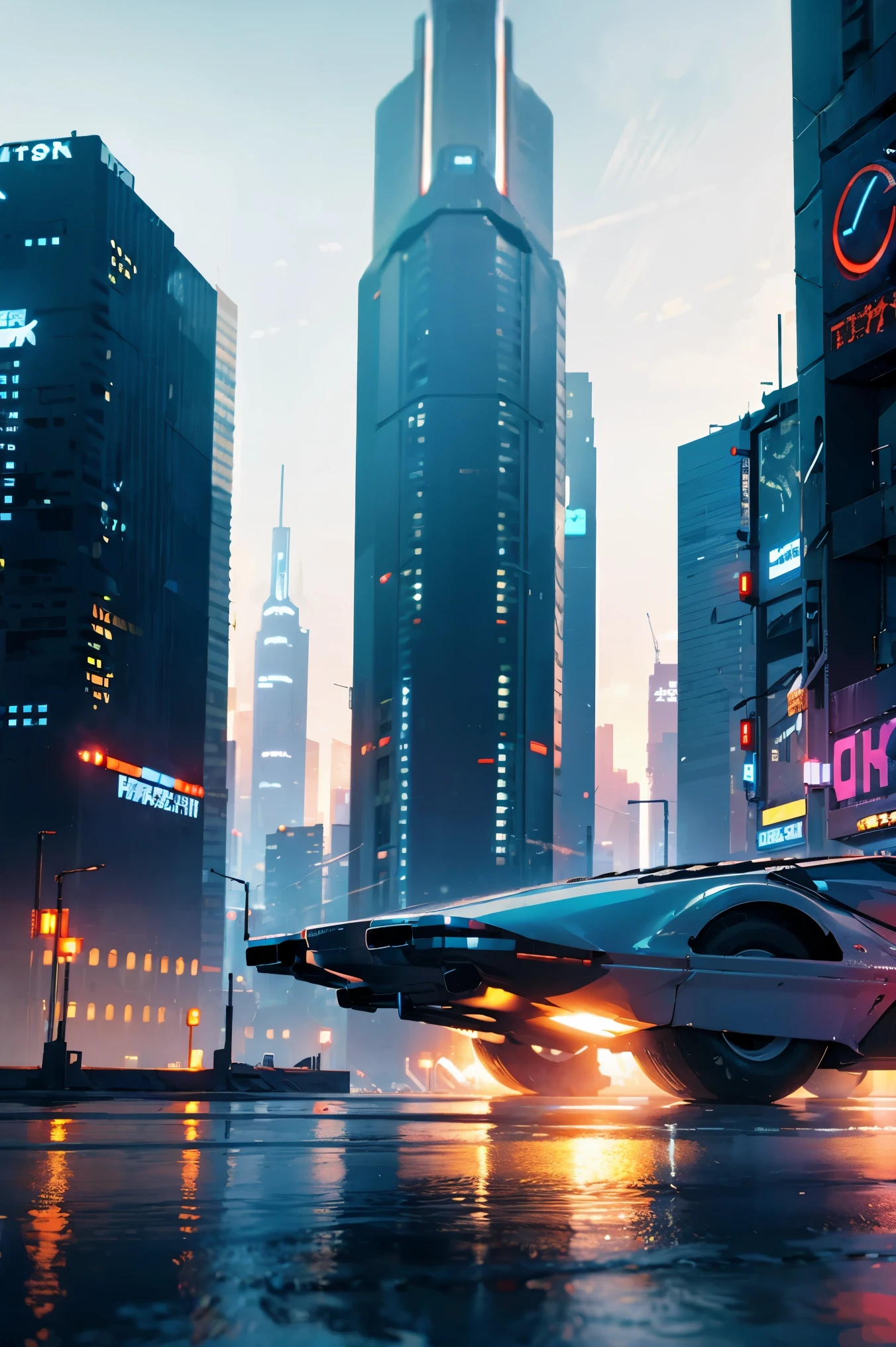 ((Cyberpunk future)), image of the center of a cyberpunk city, surrounded by buildings with a river in the middle, ferry in the city, yellow ferry, point crossing the city, advertising signs everywhere, retro future