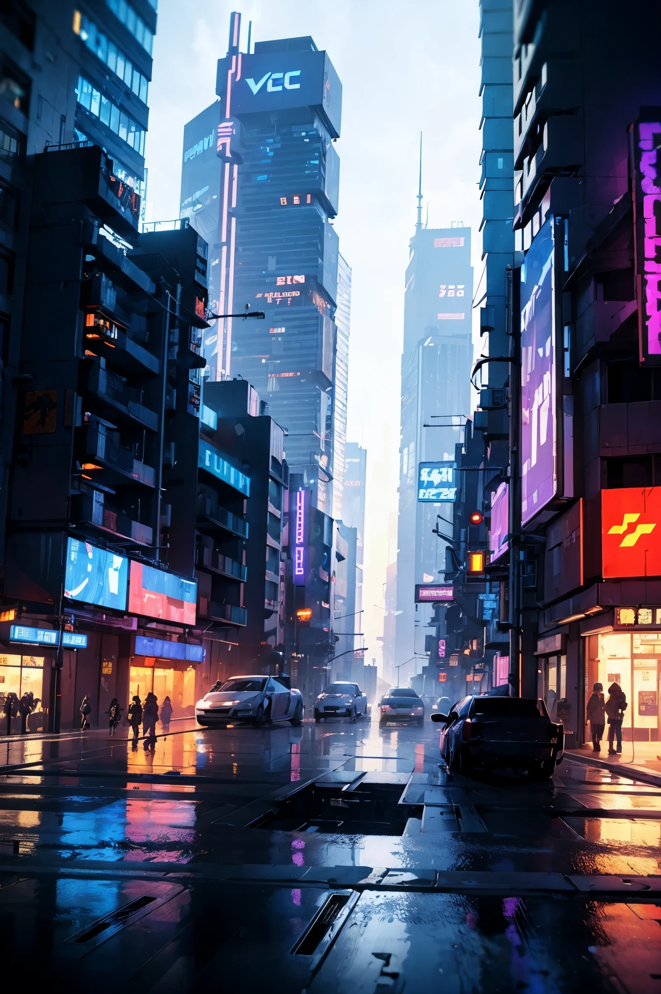 ((Cyberpunk future)), image of the center of a cyberpunk city, surrounded by buildings with a river in the middle, ferry in the city, yellow ferry, point crossing the city, advertising signs everywhere, retro future