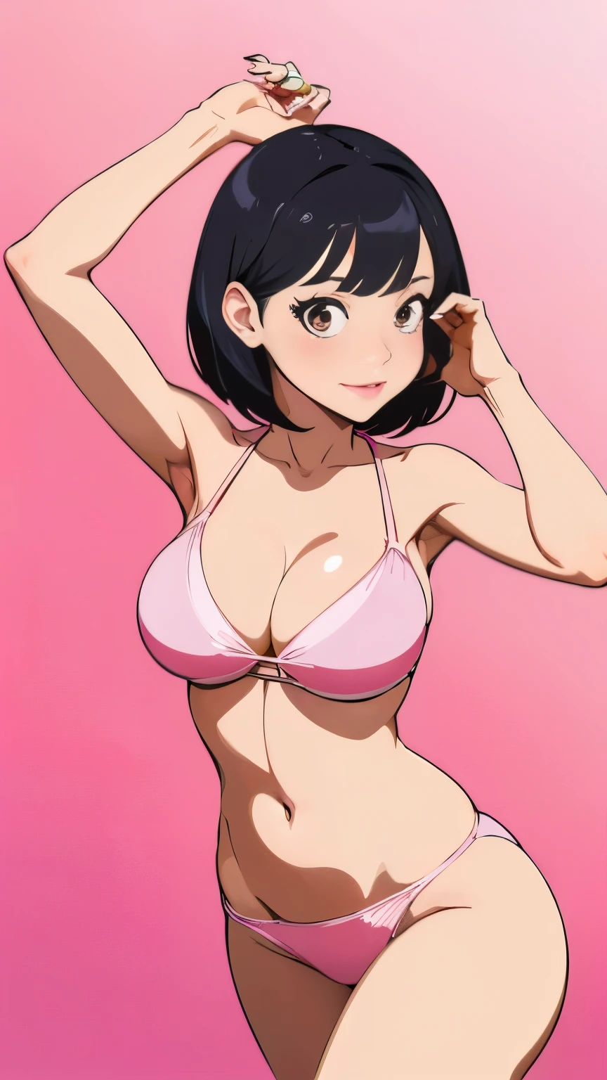 (Vector Art:1.5), (Beautiful girl gravure idol with big breasts wearing light pink bikini swimsuit with black hair color:1.3), (short hairstyle:1.3), (constricted waist:1.3), (full bodyesbian:1.3)