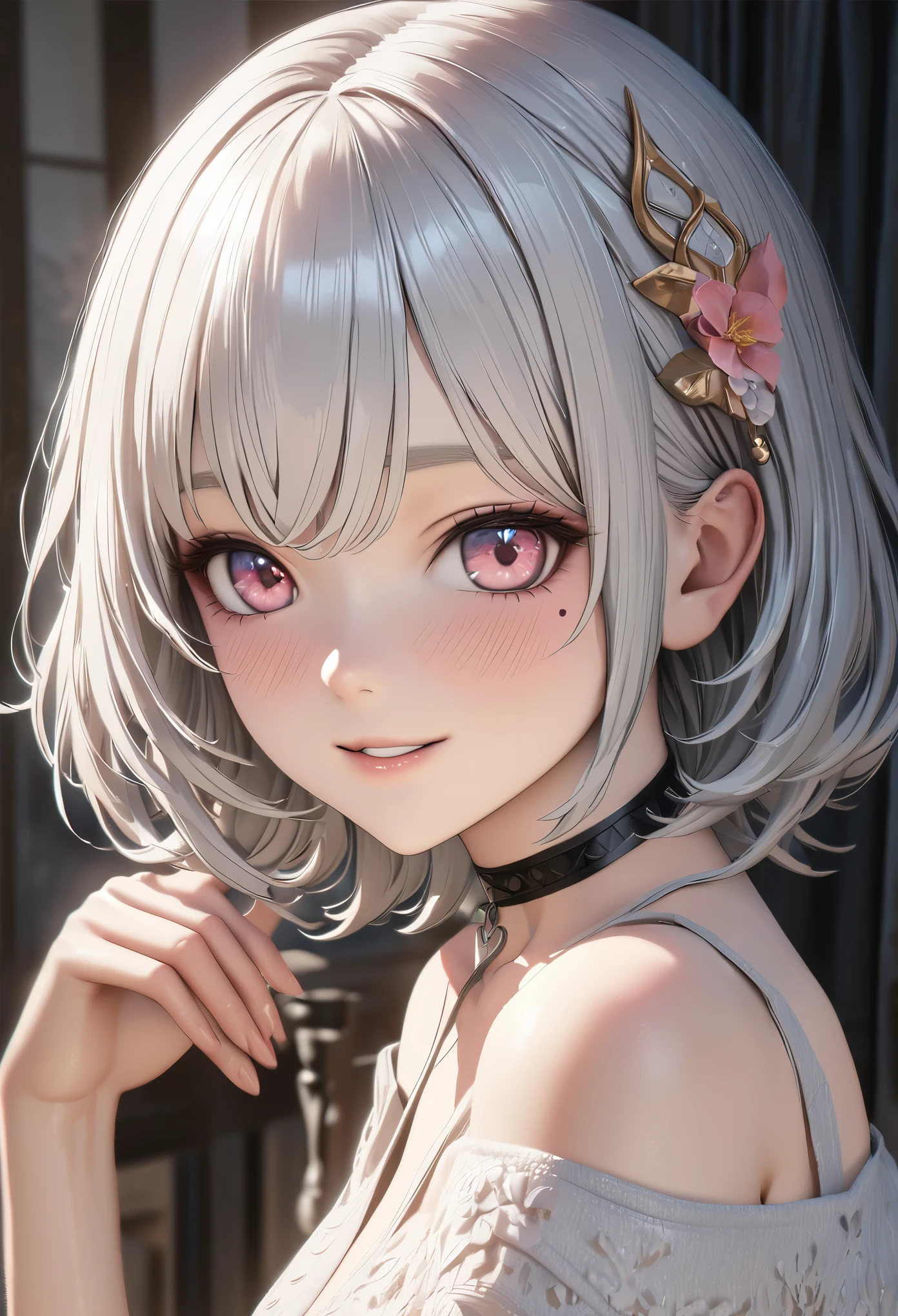 Top quality, best quality, super detailed, hi-res, high resolution, HDR, 4k, 8k, unity 8k wallpaper, highly detailed CG, masterpiece, realistic, photorealistic, 2D, 3D, beautiful details, depth, fine textures , ultra-fine: 1.3, fully focused, crispy.skin, .berak,
A very cute anime girl with silver short hair high , her name is Mia, smiling, one girl, solo, short silver hair, a mole under her eyes, looking at the viewer, high , blush, mole, parted lips, hair ornament, heart, pink eyes, choker