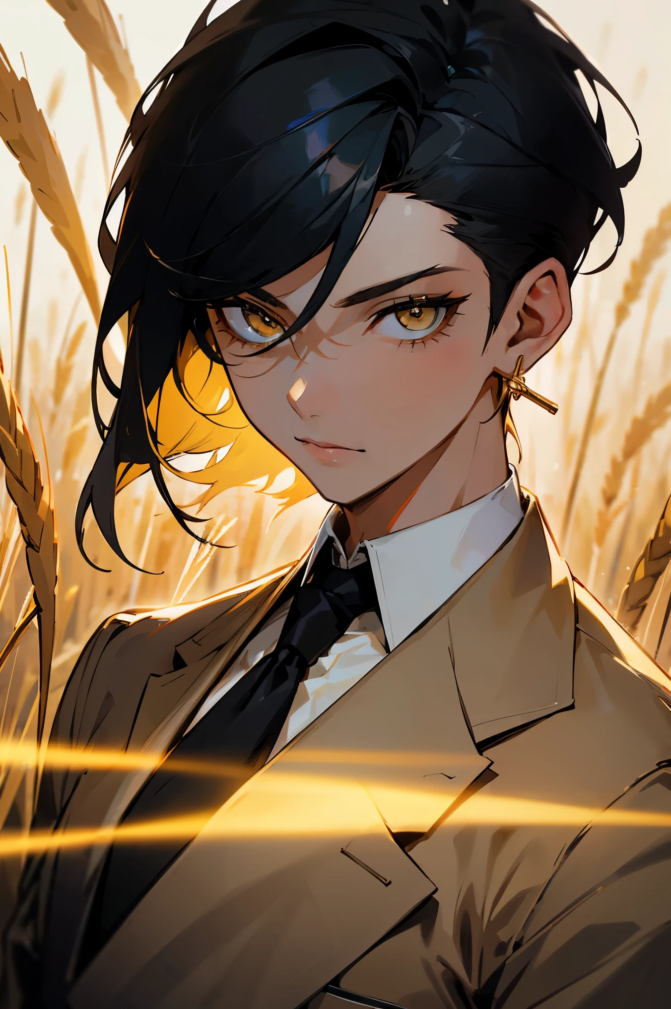 (masterpiece, best quality),1boy with black hair that is styled long in the front, framing his beautiful face while the back is cut short in an undercut. His smooth skin is a light tan and his sharp eyes are a bright yellow. Lean and toned. An almost ethereal, androgynous face. Elegant features. Wears black gloves with golden cross. Wears gold cross earrings on both ears. Soft lighting, posed neutrally facing the camera in a field of wheat. Wearing a suit and tie.