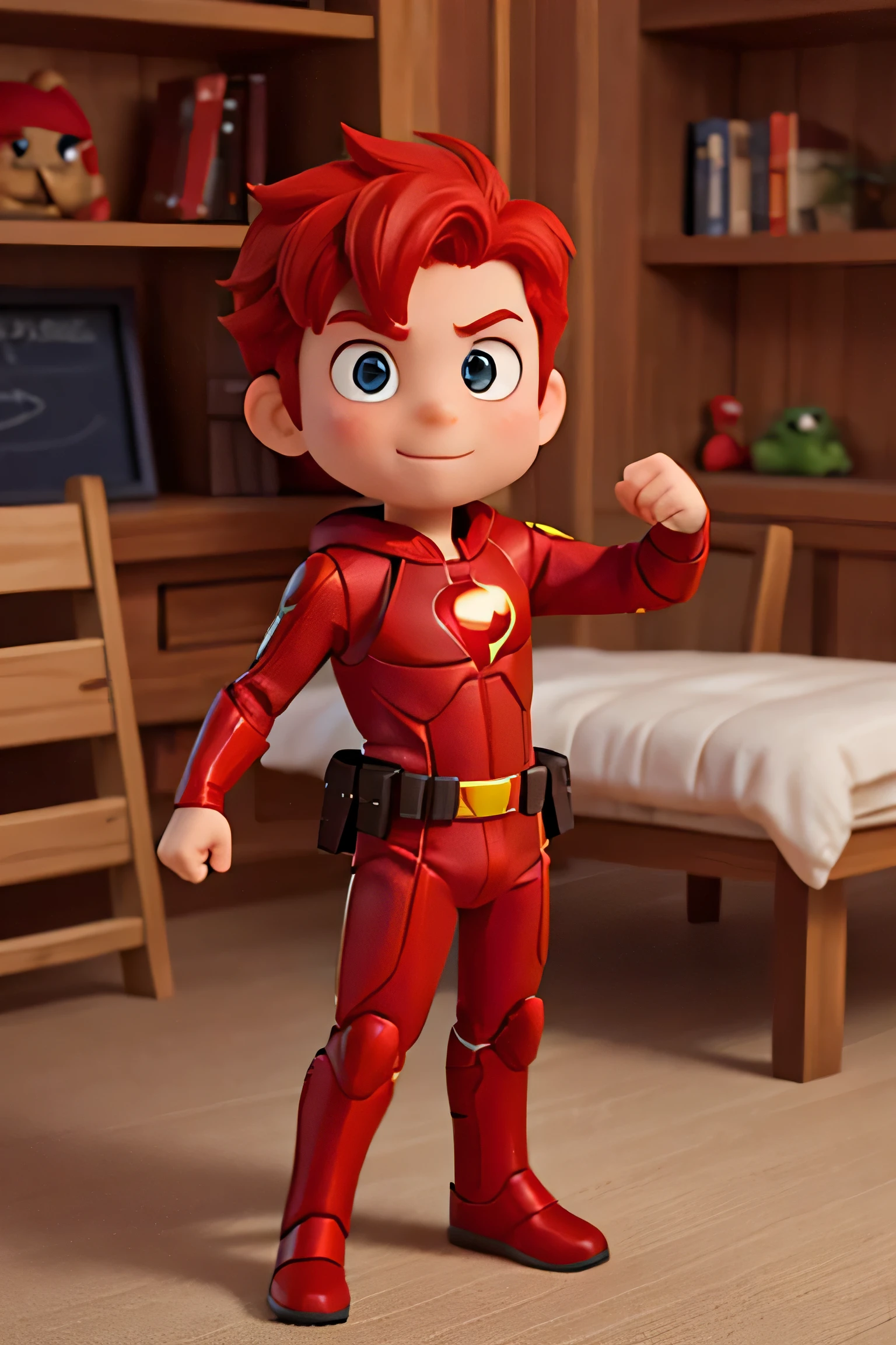10 year old boy with red hair in a superhero suit with a cute brain with a face by his side as his sidekick