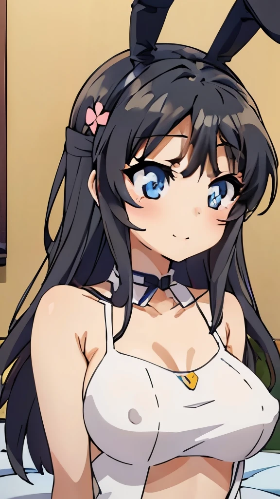 ((muste piece)), ((best quality)), (Super detailed), anime style etc.,peeing on the bed, pretty girl, 1 girl, solo, ((beautiful eyes)), shy smile, ((open chest)), ((cute nipples)), small breast, bunny girl00, beautiful black hair