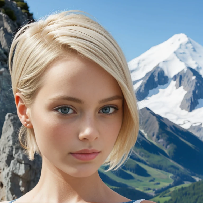 Une magnifique femme aux cheveux blonds et aux yeux bleus, mountain background.