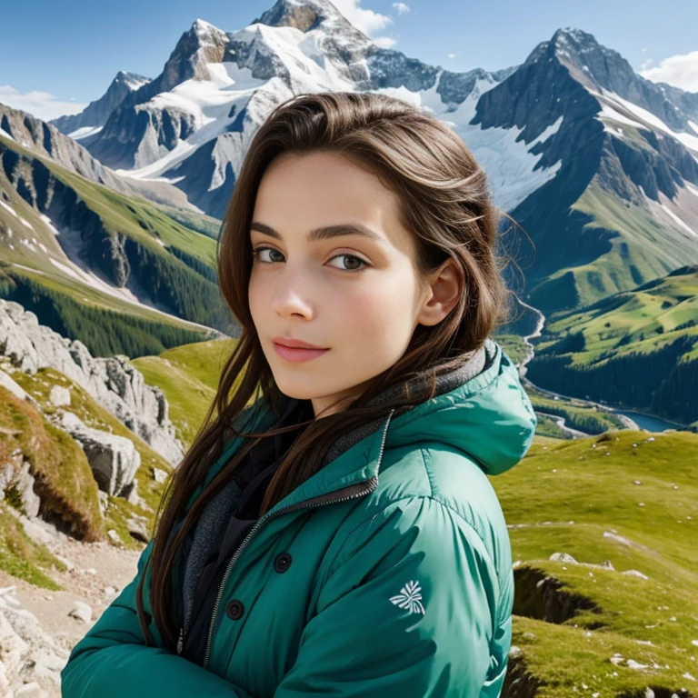 Une belle femme aux cheveux bruns et aux yeux verts, mountain background
