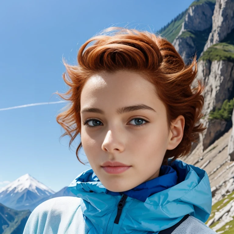 Une ravissante femme aux cheveux roux et aux yeux bleus, mountain background