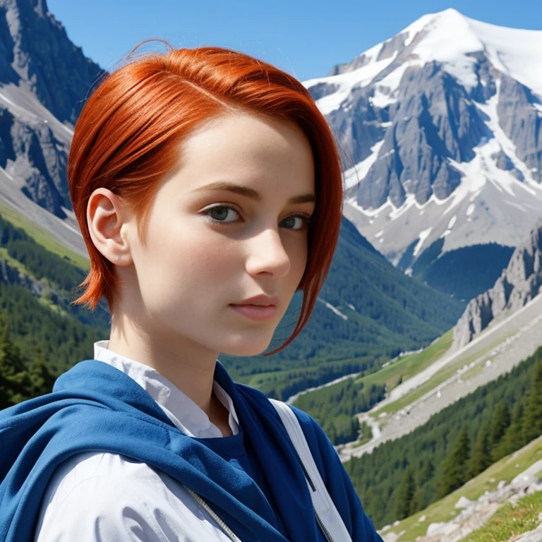 Une ravissante femme aux cheveux roux et aux yeux bleus, mountain background