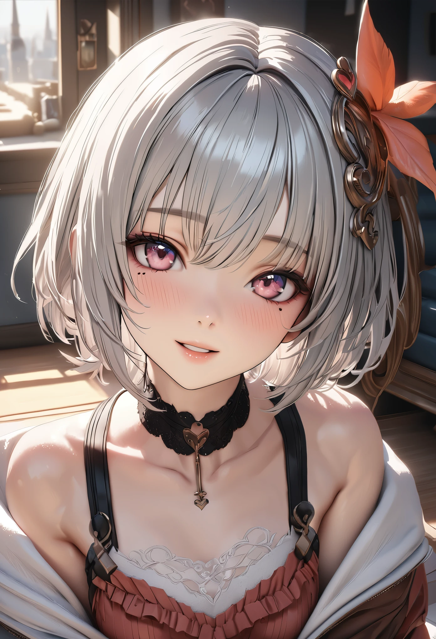 Top quality, best quality, super detailed, hi-res, high resolution, HDR, 4k, 8k, unity 8k wallpaper, highly detailed CG, masterpiece, realistic, photorealistic, 2D, 3D, beautiful details, depth, fine textures , ultra-fine: 1.3, fully focused, crispy.skin, .berak,
A very cute anime girl with silver short hair high , her name is Mia, smiling, one girl, solo, short silver hair,  a mole under her eyes, looking at the viewer, high , blush, mole,  parted lips, hair ornament, heart, pink eyes, choker