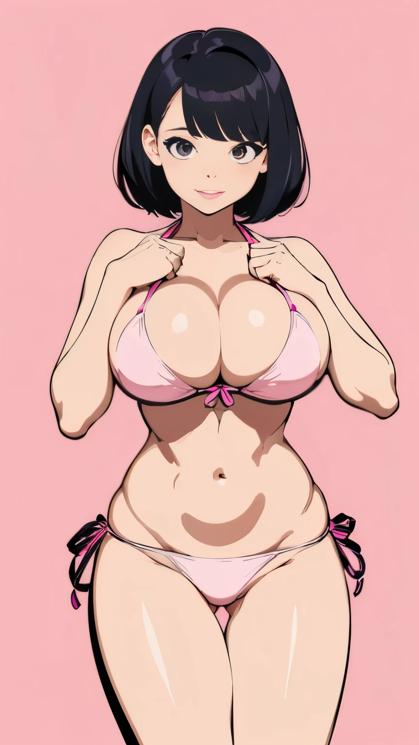 (Vector Art:1.5), (Beautiful girl gravure idol with big breasts wearing light pink bikini swimsuit with black hair color:1.3), (short hairstyle:1.3), (constricted waist:1.3), (full bodyesbian:1.3)