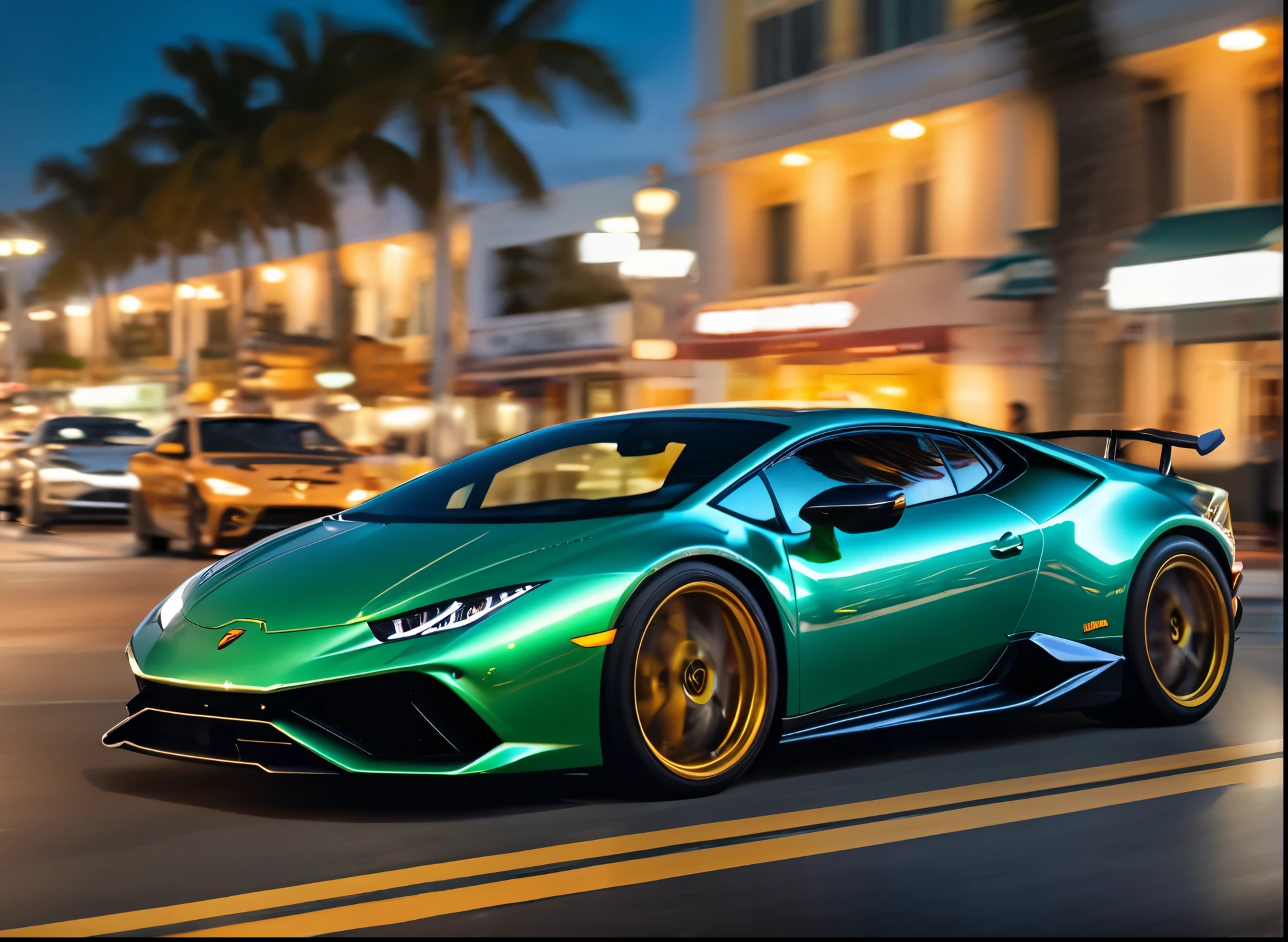 lamborghini huracan performante driving in miami street, [carhelper:photohelper], Retrofutur, motion blur, CinemaHelper, Chrome reflections, sun flare, Extremely detailed, Intricate details