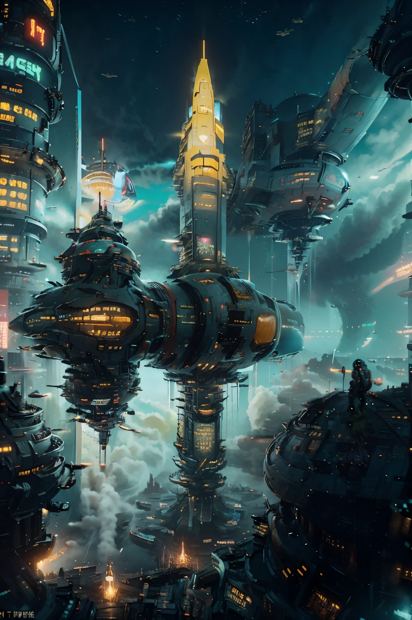 ((Cyberpunk future)), image of the center of a cyberpunk city, surrounded by buildings with a river in the middle, ferry in the city, yellow ferry, point crossing the city, advertising signs everywhere, retro future