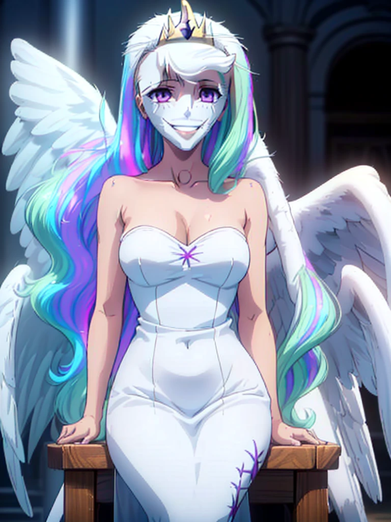 gran calidad ++ Extremely detailed high resolusionolution, very aesthetic, ojos expresivos, (((Cara perfecta))), (((face symmetrical))), ((good anatomy)), (((manos perfectas))), (((8k))), UHD, Fondo de pantalla HD, (((alta calidra detallada, (((((1girl)))))), solamente, Obra maestra, La mejor calidad, high resolusion, Altamente detallado, (illustration), hermosos ojos detallados, (((combatant))), (((1girl))), ((((cuerpo completo)))), (((((((illyasviel von einzbern)))))), (((((princess_celestia)))), ((((forma humana)))), (((((angelic smile))))), ((princesa celestia humanizada)), Celestia, Celestia de My Little Poni, celestia en forma de milf, Cabello largo y ondulado, (((Ojos rojos))), (((strapless tube dress))), (((purple heart promise))), (((((white dress))))), (((milfication))), (((mature female))), (((gigantic breasts))), (((white pony ears))), (((Dedos detallados))), (((((white angel wings))))), (((angel wings spread)))), (((cuerno de unicornio))), (((((hollowfication))))), Dedos precisos, Manos no antinaturales, strange eye, (((castillo))), interrior, hermoso trono, (((sentada))),