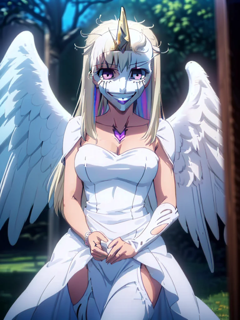 gran calidad ++ Extremely detailed high resolusionolution, very aesthetic, ojos expresivos, (((Cara perfecta))), (((face symmetrical))), ((good anatomy)), (((manos perfectas))), (((8k))), UHD, Fondo de pantalla HD, (((alta calidra detallada, (((((1girl)))))), solamente, Obra maestra, La mejor calidad, high resolusion, Altamente detallado, (illustration), hermosos ojos detallados, (((combatant))), (((1girl))), ((((cuerpo completo)))), (((((((illyasviel von einzbern)))))), (((((princess_celestia)))), ((((forma humana)))), (((((angelic smile))))), ((princesa celestia humanizada)), Celestia, Celestia de My Little Poni, celestia en forma de milf, Cabello largo y ondulado, (((Ojos rojos))), (((strapless tube dress))), (((purple heart promise))), (((((white dress))))), (((milfication))), (((mature female))), (((gigantic breasts))), (((white pony ears))), (((Dedos detallados))), (((((white angel wings))))), (((angel wings spread)))), (((cuerno de unicornio))), (((((hollowfication))))), Dedos precisos, Manos no antinaturales, strange eye, (((castillo))), interrior, hermoso trono, (((sentada))),