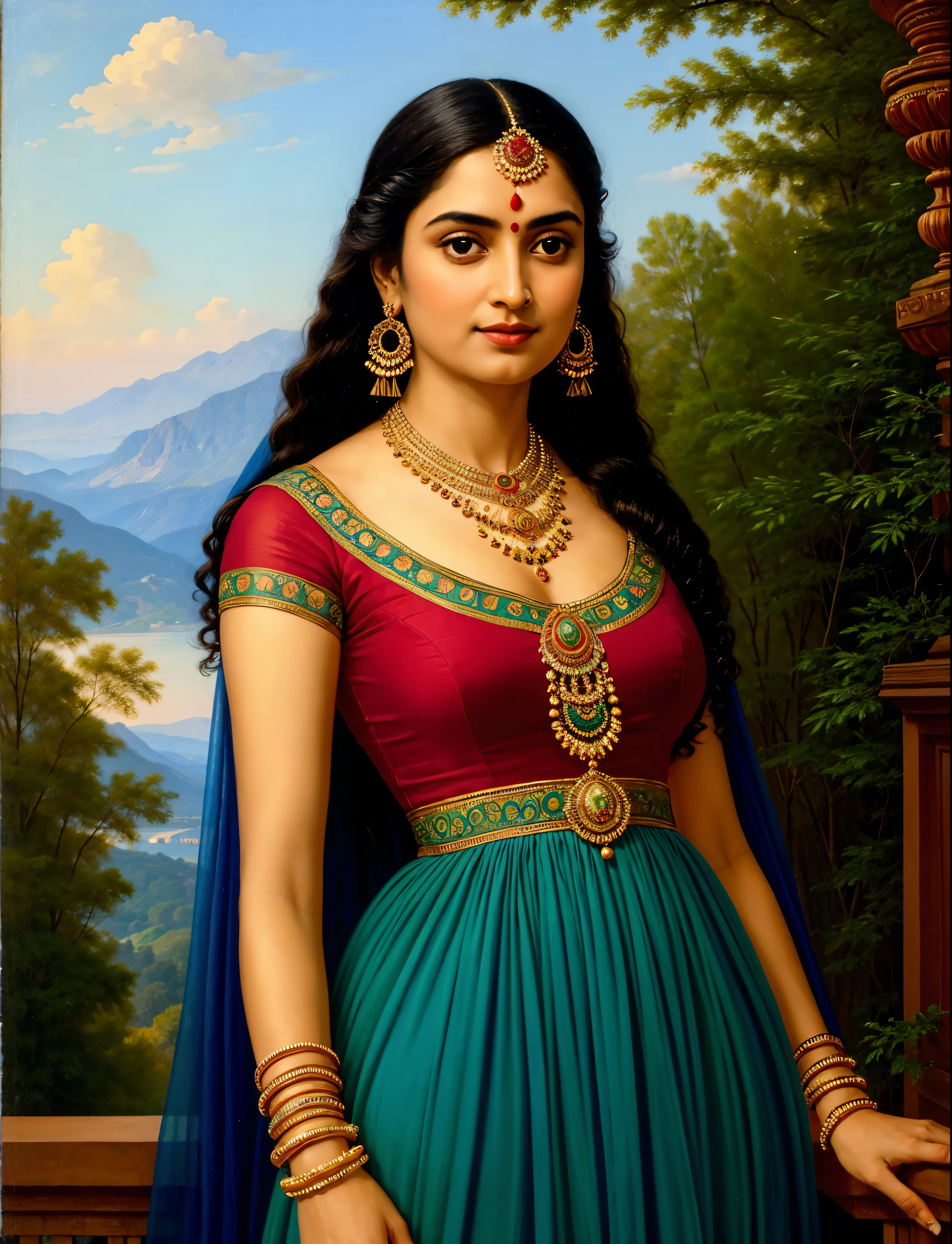 Masterpiece, painting of a woman in a blue dress with a red top and gold jewelry, inspired by Raja Ravi Varma, portrait of a beautiful goddess, by Raja Ravi Varma, a stunning portrait of a goddess, szukalski ravi varma, traditional beauty, indian goddess, beautiful goddess, portrait of modern darna, portrait of a goddess, goddess portrait, perfect body, proportional body, perfect body posture, masterpiece, Indian sensibility, exotic Indian art,