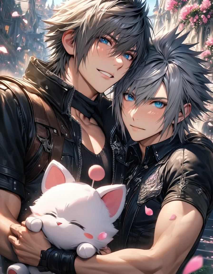 absurdres, highres, ultra detailed, HDR), masterpiece, best quality, vibrant blue eyes, finely eyes and detailed face, Riku, grey hair, Kingdom hearts, Noctis Lucis Caelum, black spiky hair, Final fantasy xv, 2men together, gay, handsome, fantasy city, pink flowers, pink butterflies, holding a cute fur moogle, pink petals