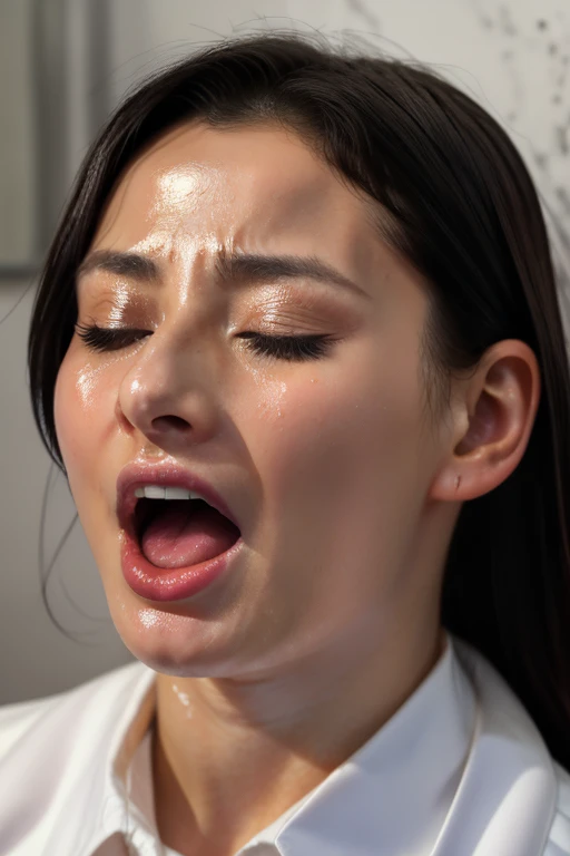 beautiful japanese actress、1 girl,debris flies,,Award-winning photo, very detailed,face focus, double big eyes(woman with open mouth and closed eyes ), 18-year-old、black hair、shiny skin、(((close up of face)))、realistic nostrils、elongated nasal cavity,、small toilet,squat、((white collared shirt))、big breasts、(sharp nose)frown performance:1.4,,performance,frown,please raise your head、Skin shiny with sweat,oily facial skin,tied hair,Crouching female teacher,、squat、50 degree hot room、Skin shiny with sweat、wet transparent fabric,Sweaty all over my face,Face enduring severe pain、screaming face,Open your mouth wide and scream,public toilet,toilet bowl,bust chart,Upper body