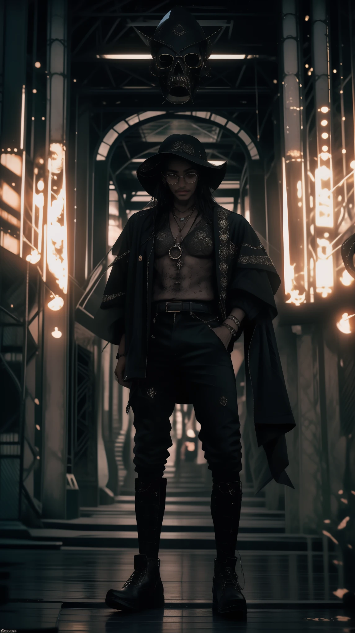 cazador de demonios, equipado con dos pistolas, con un gran sombrero que cubre parcialmente su rostro, un hombre masculino y curtido en la batalla, vistiendo una gabardina larga negra, Protection symbols all over his body., gafas moradas, colgantes en su cuello, rosario religioso, despiadado y profesional, botas de trabajo y un reloj viejo en el bolsillo, al fondo una ciudad con un campanario donde suenan las campanas, dark atmosphere, 3d illustration, alta calidad, realista y muy detallado, Una obra maestra,Physically based representation,sosteniendo el arma con ambas manos,apuntar a ti