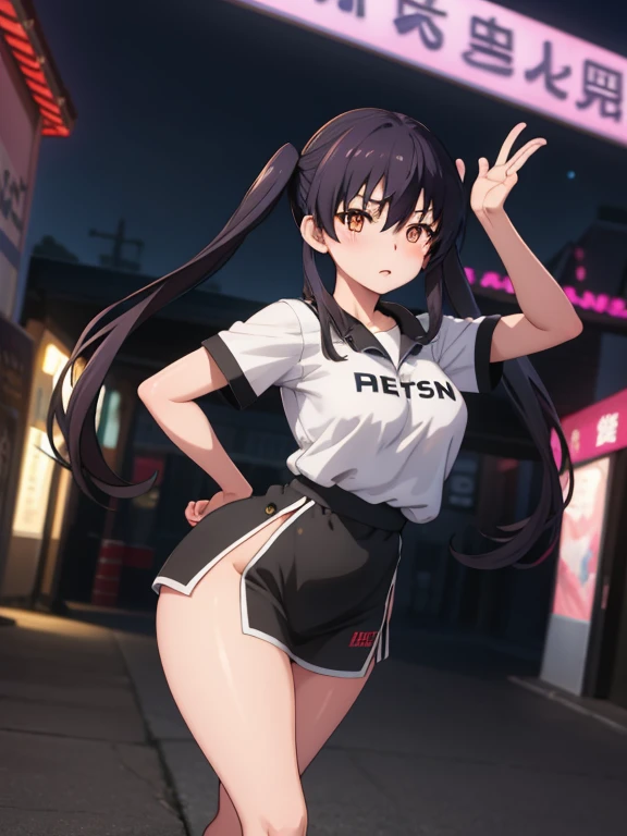 masterpiece, best quality, HuTaoV4, 1girl, solo, blush, twintails, long hair, hair between eyes, ((streetwear clothes)), city, outdoors, night, movie poster, extremely detailed 8K, smooth, high resolution, ultra quality, cinematic lighting, ambient occlusion, hd, 2k, 4k, 8k, 16k, extremely detailed anime, detailed faces, perfect composition, wide shot, atmospheric lighting, very sexy, dinamic various pose, random  angle,  sfw, 