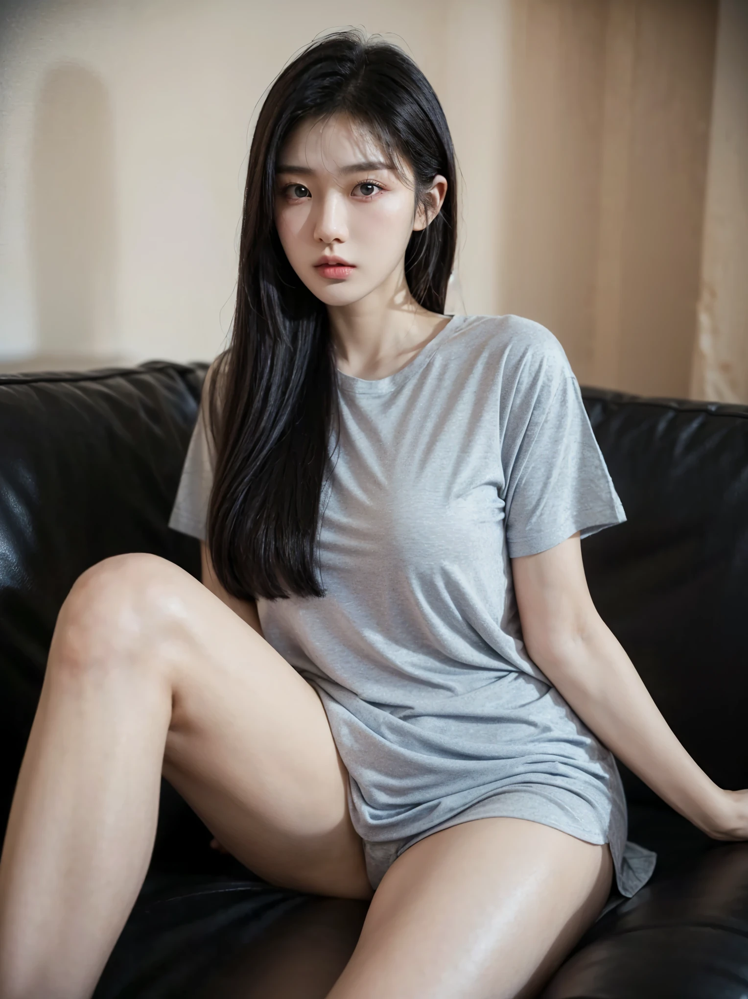 Korean girl, clean face, black t shirt, (((172 cm height and 60 kg body weight, fat body))). Sitting straight and flirt on sofa and at night, one hand hold chin, sleepy eyes, 800mm lens, realistic, hyperrealistic, professional photography, deep photography, ultra HD, very high quality, best quality, HDR10+, Dolby Vision, focus photo, deep focus, very detailed, original photo, ultra sharp, inside apartment bedroom.