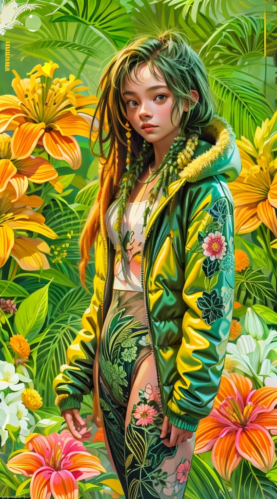 ((girl), (green:1.5, orange:1.1, white:1.3, yellow:1.3))_((very sexy rapper girl with dreadlocks hair), tattoos,(naked body parts), (down jacket :1.2),(Jacket on a naked body, thong))__(( fractal, Flowers, leaves, Fog, lilies, circles background)).