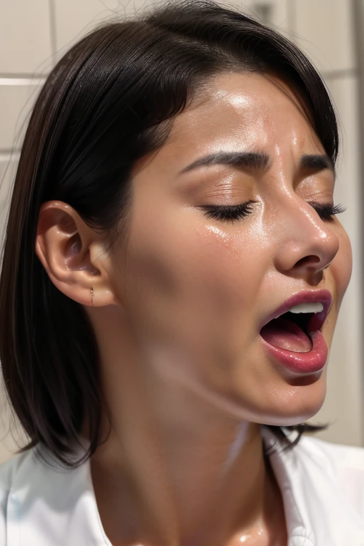 beautiful japanese actress、1 girl,debris flies,,Award-winning photo, very detailed,face focus, double big eyes(woman with open mouth and closed eyes ), 18-year-old、black hair、shiny skin、(((close up of face)))、realistic nostrils、elongated nasal cavity,、small toilet,squat、((white collared shirt))、big breasts、(sharp nose)frown performance:1.4,,performance,frown,please raise your head、Skin shiny with sweat,oily facial skin,tied hair,Crouching female teacher,、squat、50 degree hot room、Skin shiny with sweat、wet transparent fabric,Sweaty all over my face,Face enduring severe pain、screaming face,Open your mouth wide and scream,public toilet,toilet bowl,bust chart,Upper body